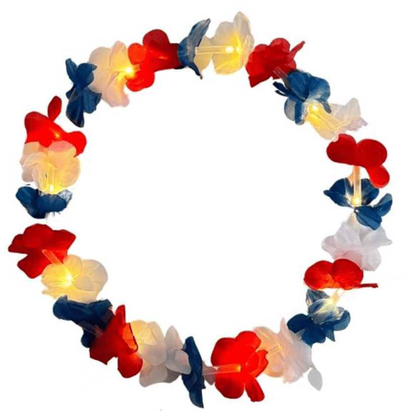 A circular lei decorated with red, white, and blue flowers, featuring integrated lights for illumination. Patriotic Light Up Leis - Image 1