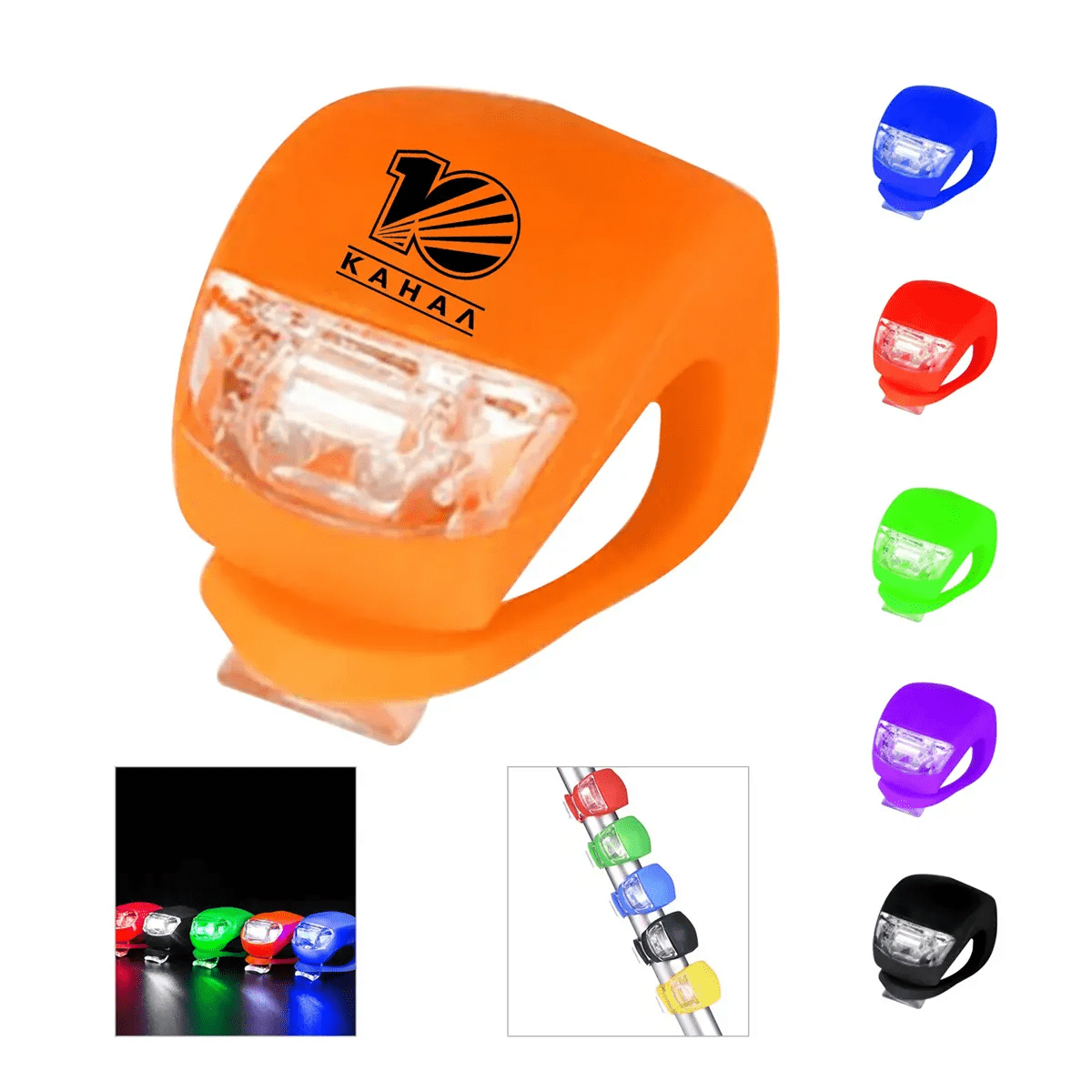 A silicone LED bike light in orange, featuring various colours available, and a logo on the front. Silicone LED Bike Light - Image 1