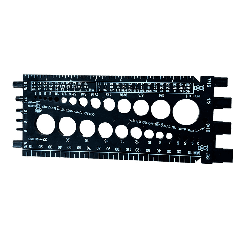 A black size gauge featuring various holes for measuring nut, bolt, and screw sizes, with a branding logo. Nut Bolt Thread Screw Size Gauge Standard - Image 1