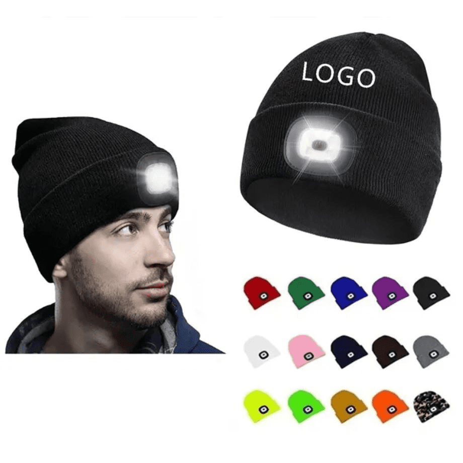 A black LED beanie hat with a light on the front, displayed alongside various coloured beanie options and a person wearing it. LED Beanie Hat - Image 1
