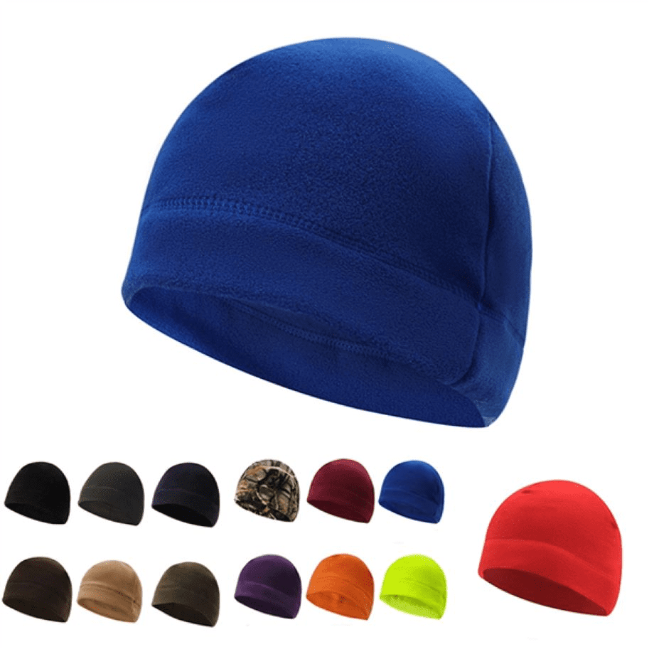 A fleece winter hat in navy blue, with a variety of other hat colours including black, red, and camo displayed below. Fleece Winter Hat - Image 1