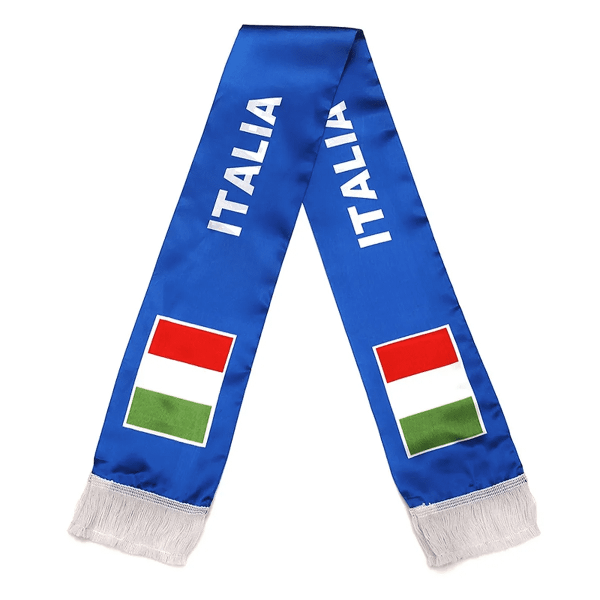 A blue soccer fan scarf with fringe, featuring the word "ITALIA" and two flags, one with red, white, and green. Soccer Fan Scarves with Fringe - Image 1