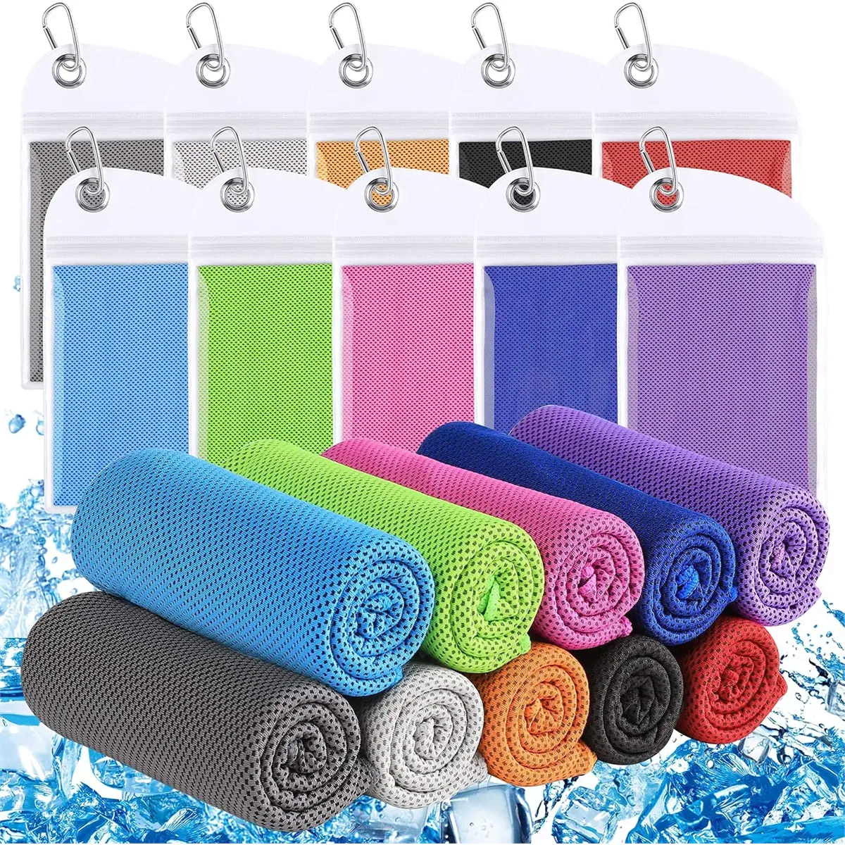 A collection of cooling towels in various colours, rolled up and stored in pouches, with a logo on each pouch. Cooling Towel With Pouch - Image 1