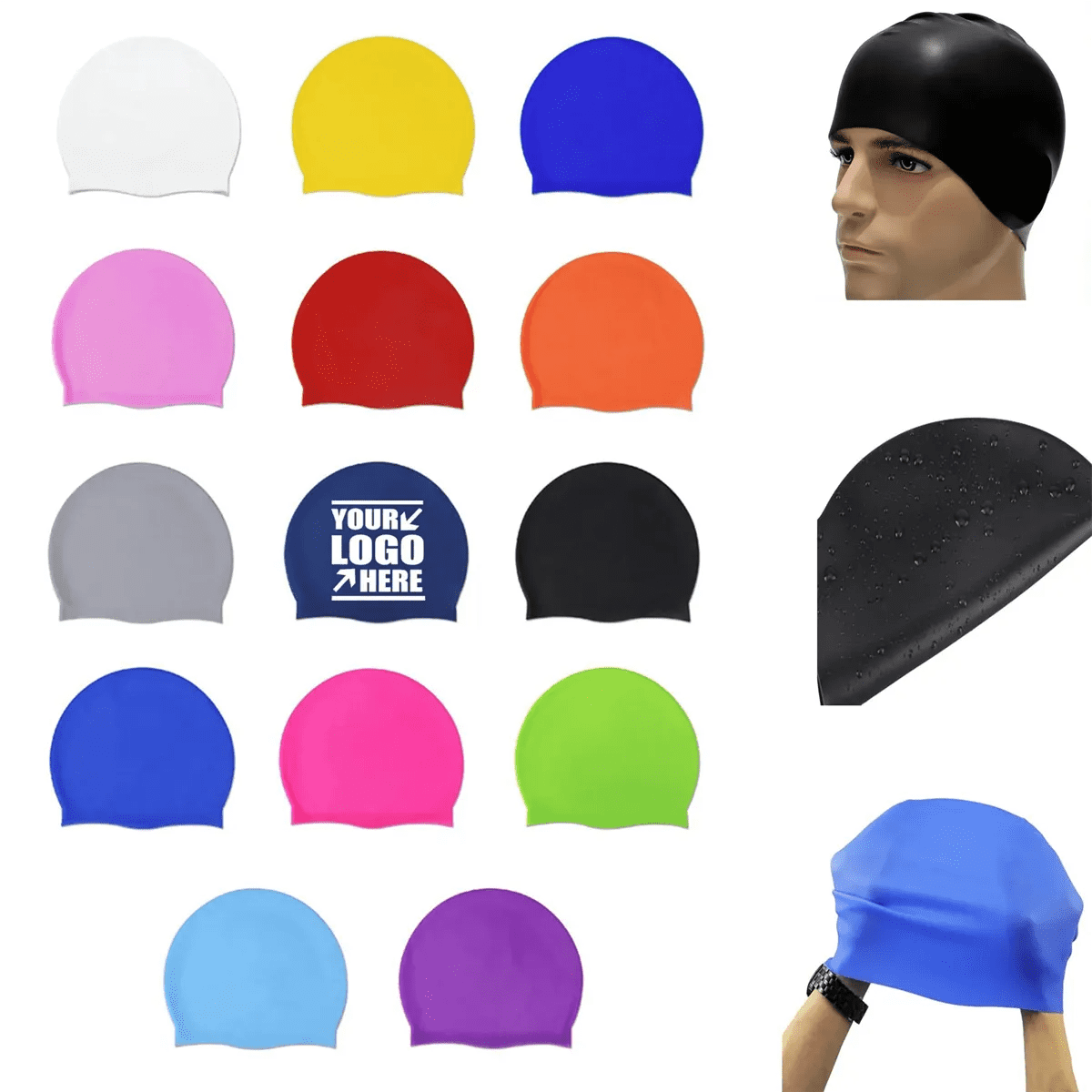 A collection of swimming hats in various colours, including black, pink, blue, yellow, and green, with one featuring a logo. Swimming Hat - Image 1