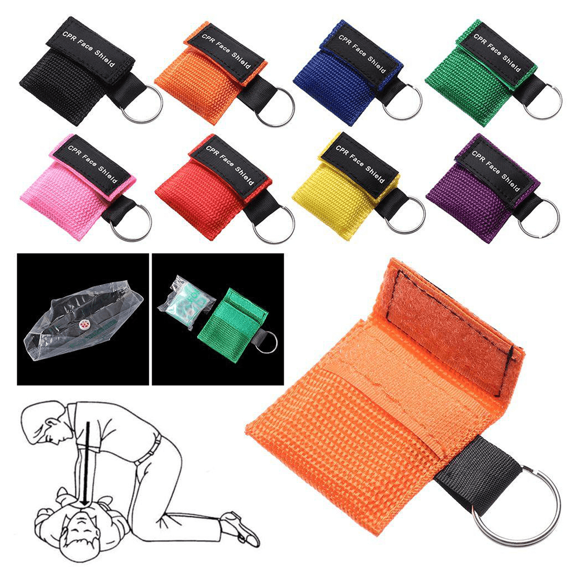 A set of CPR emergency mask keychains in various colours, each attached to a keyring, with an illustrative diagram included. CPR Emergency Mask Keychain - Image 1