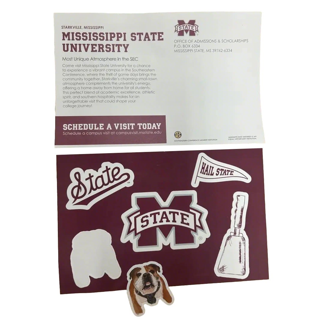 A sticker sheet featuring assorted stickers in maroon and white, including a dog and university logos, with a print backer. Sticker Sheet with Print backer - Image 1
