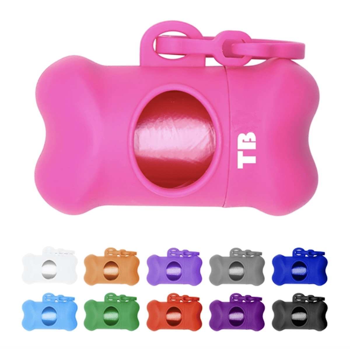 A pink bone-shaped case holds pet waste disposable bags, alongside options in white, orange, purple, blue, black, and brown. Pet Waste Disposable Bags with Case - Image 1