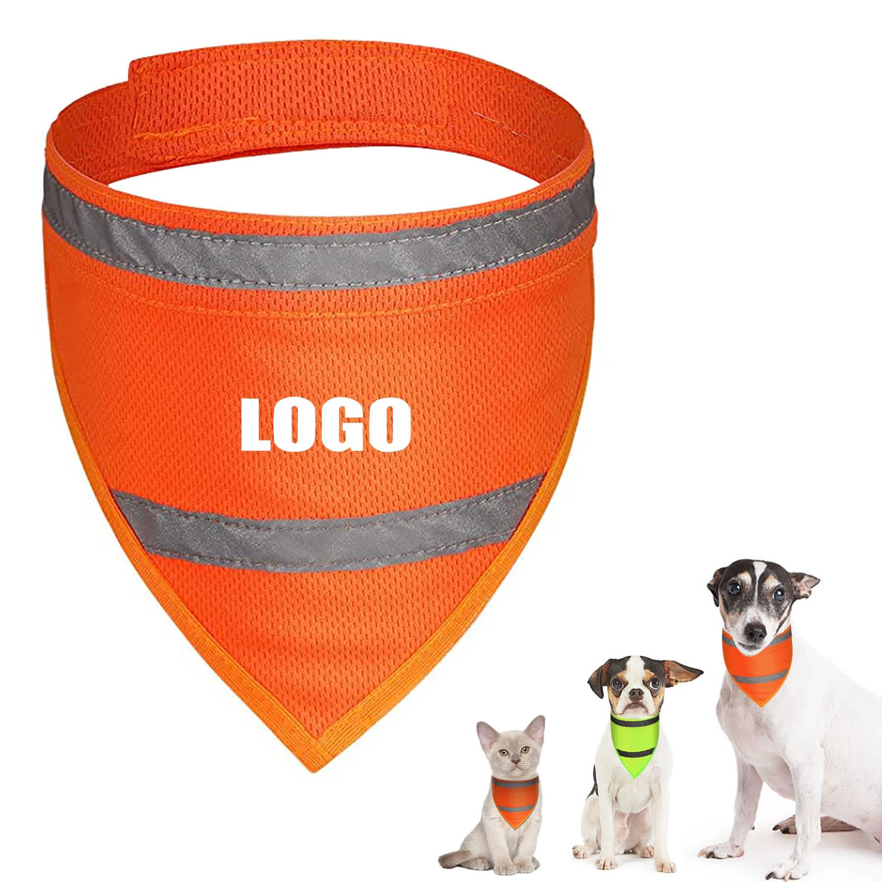 An orange reflective pet scarf with grey stripes, displayed alongside three pets wearing similar scarves. Reflective Pet Scarf - Image 1