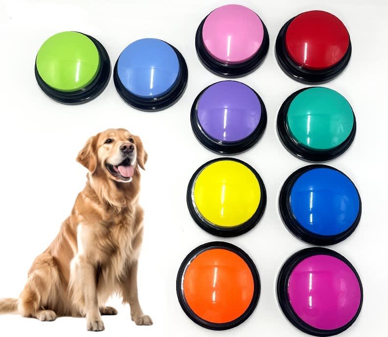 A collection of ten colourful sound buttons in green, blue, purple, red, yellow, teal, and orange, with a golden retriever beside them. Sound Button - Image 1
