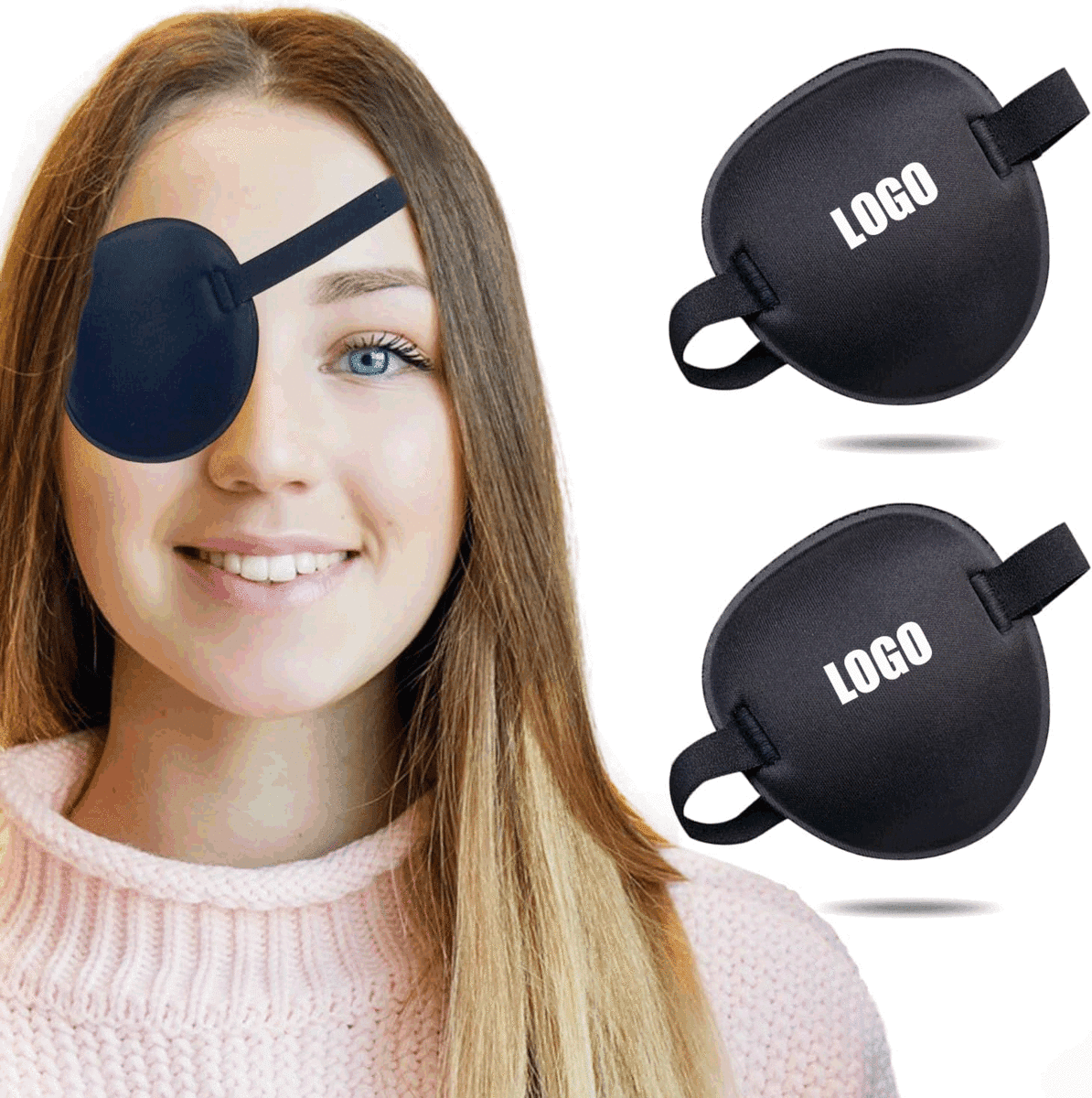 A black pirate eye mask is displayed, worn by a smiling woman, with two additional masks shown alongside. Pirate Eye Mask - Image 1
