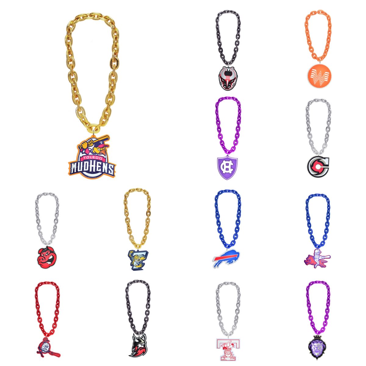 A collection of sport fan chains in various colours, featuring different team logos and symbols. Sport Fan Chain - Image 1