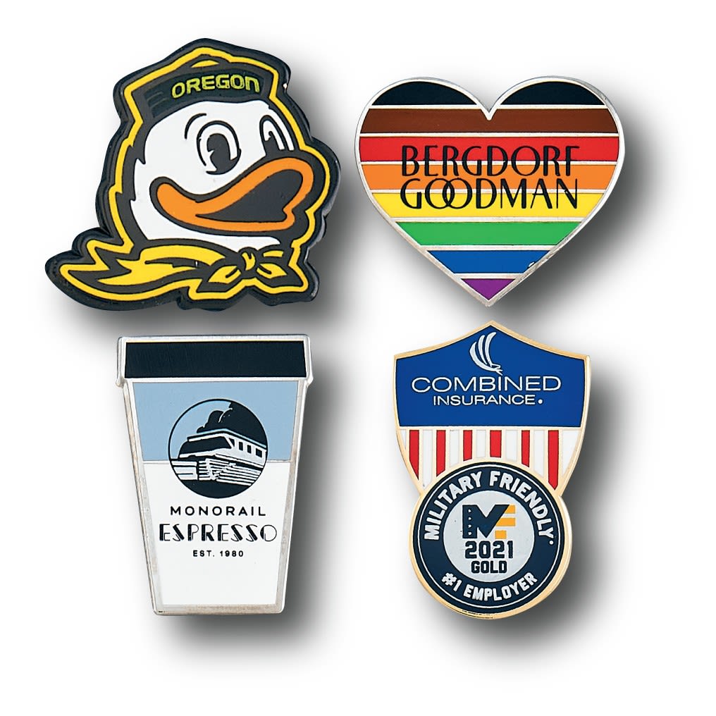 A collection of four lapel pins featuring a duck, a rainbow heart, a coffee cup, and a shield with branding. Personality Lapel Pin - Image 1
