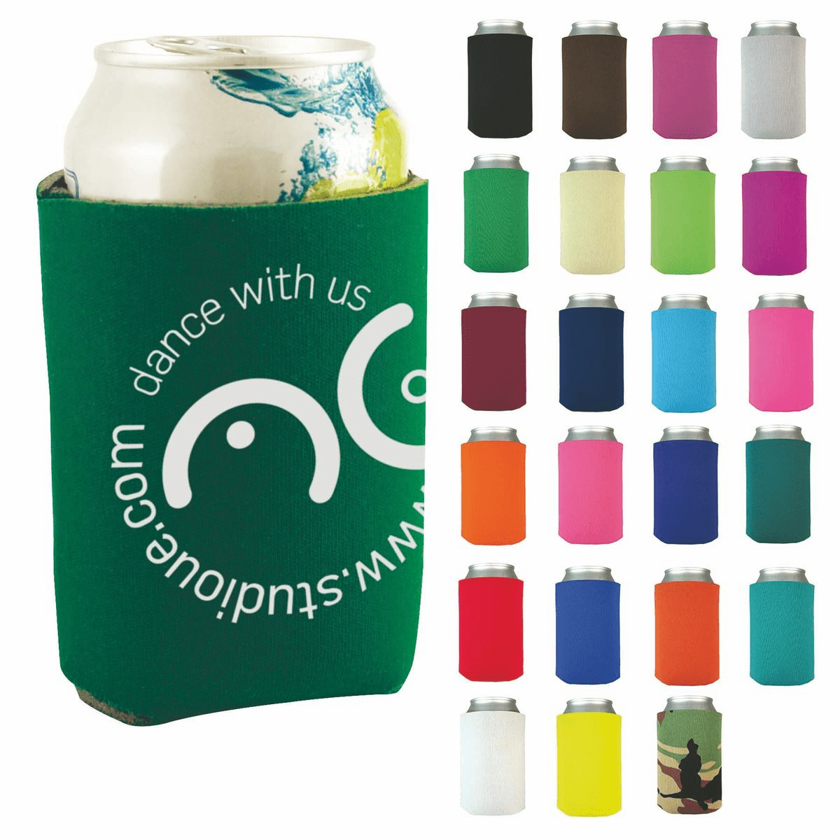 A drink can covered in a green sleeve featuring a logo, surrounded by various coloured can sleeves. Can Sleeve - Image 1
