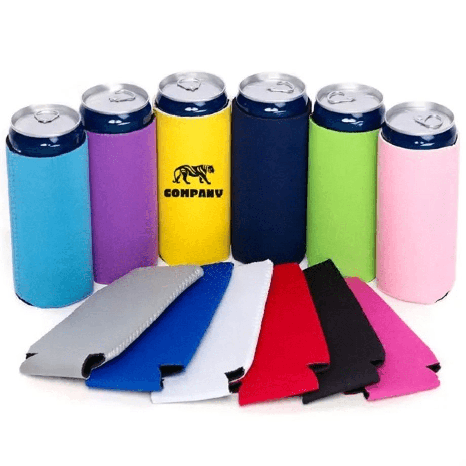 A collection of can cooler sleeves in various colours, with several drink cans and a logo on one sleeve. Can Cooler Sleeve - Image 1