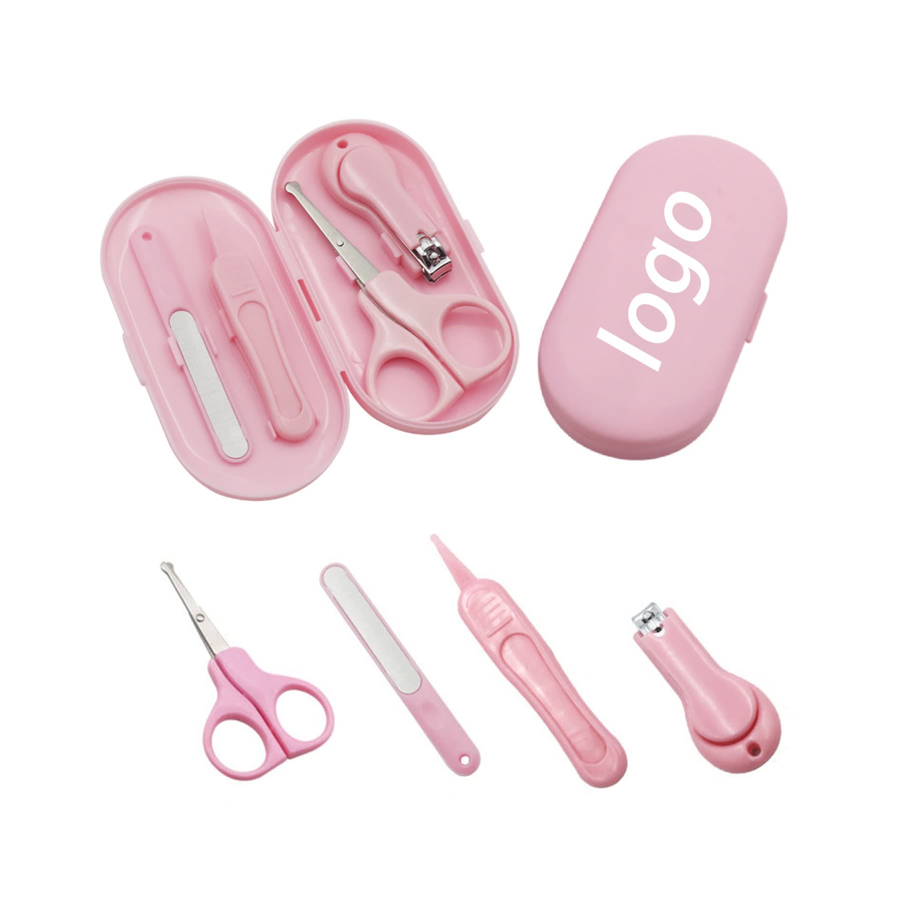 A pink baby manicure set featuring scissors, a nail clipper, a filer, and a cleaning stick in a matching case. 4 Pieces Baby Manicure Set - Image 1