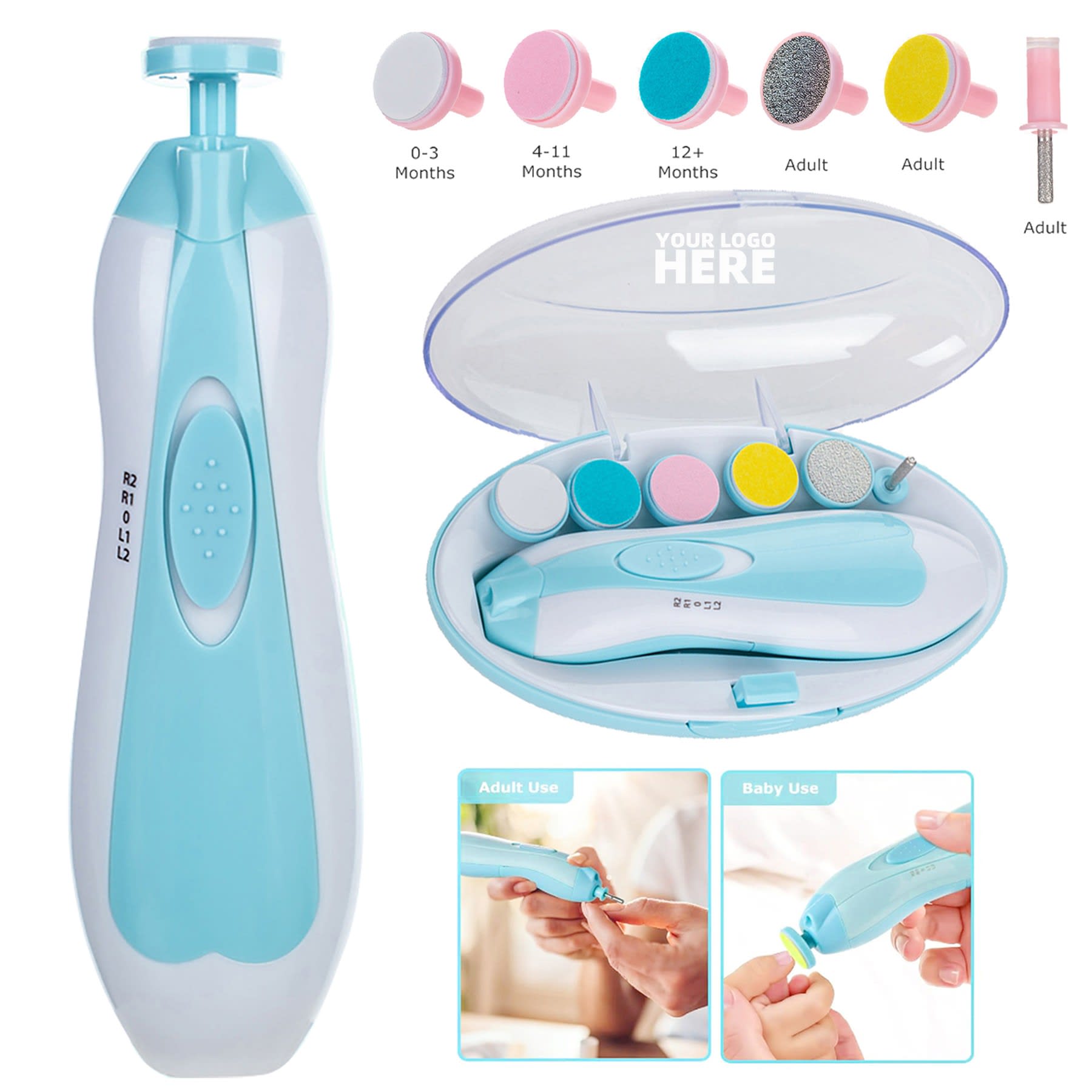 A baby electric nail trimmer in white and light blue, with various coloured attachments and a storage case. Baby Electric Nail Trimmer - Image 1