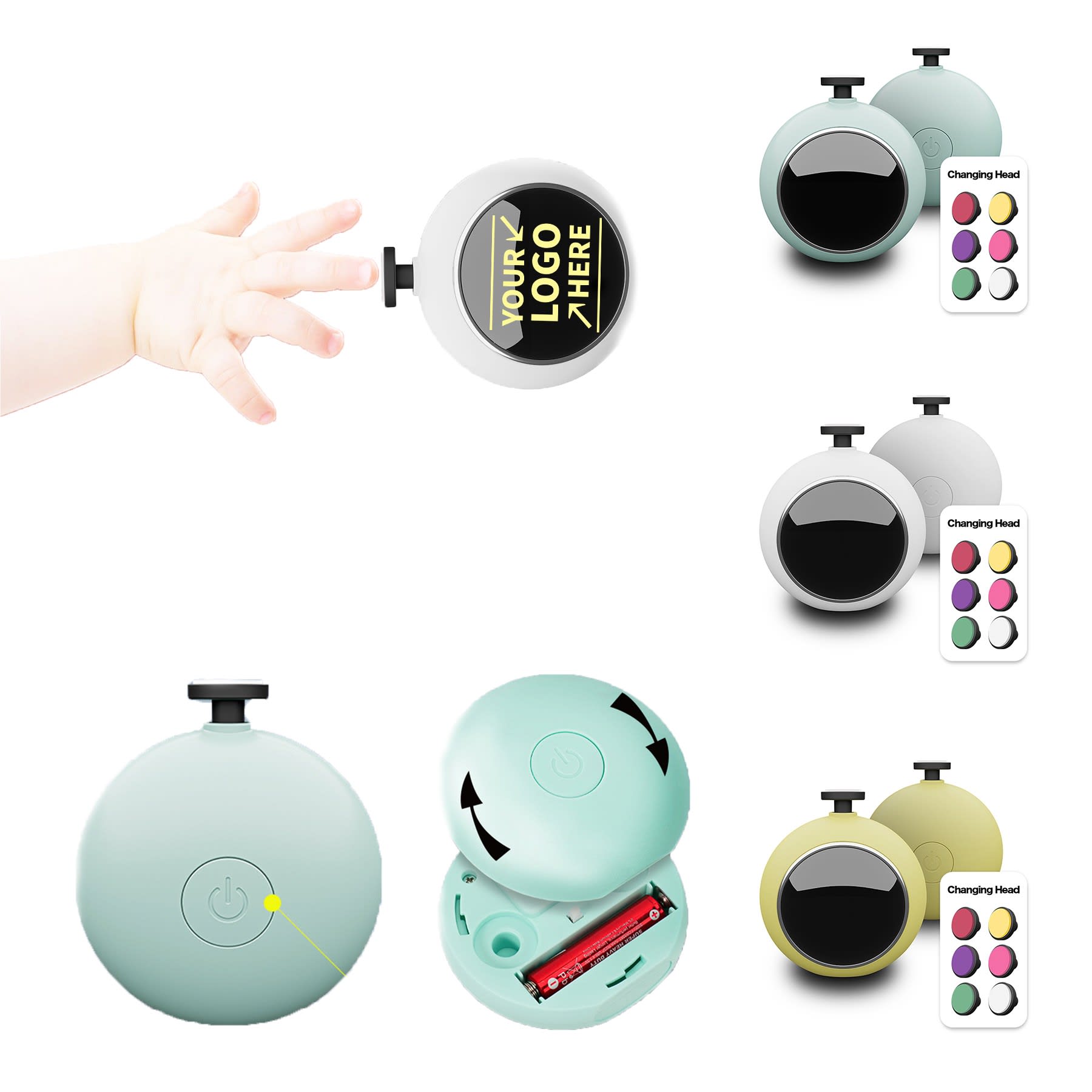 A mint green baby electric nail trimmer with interchangeable heads and a circular design, featuring a logo space. Baby Electric Nail Trimmer - Image 1