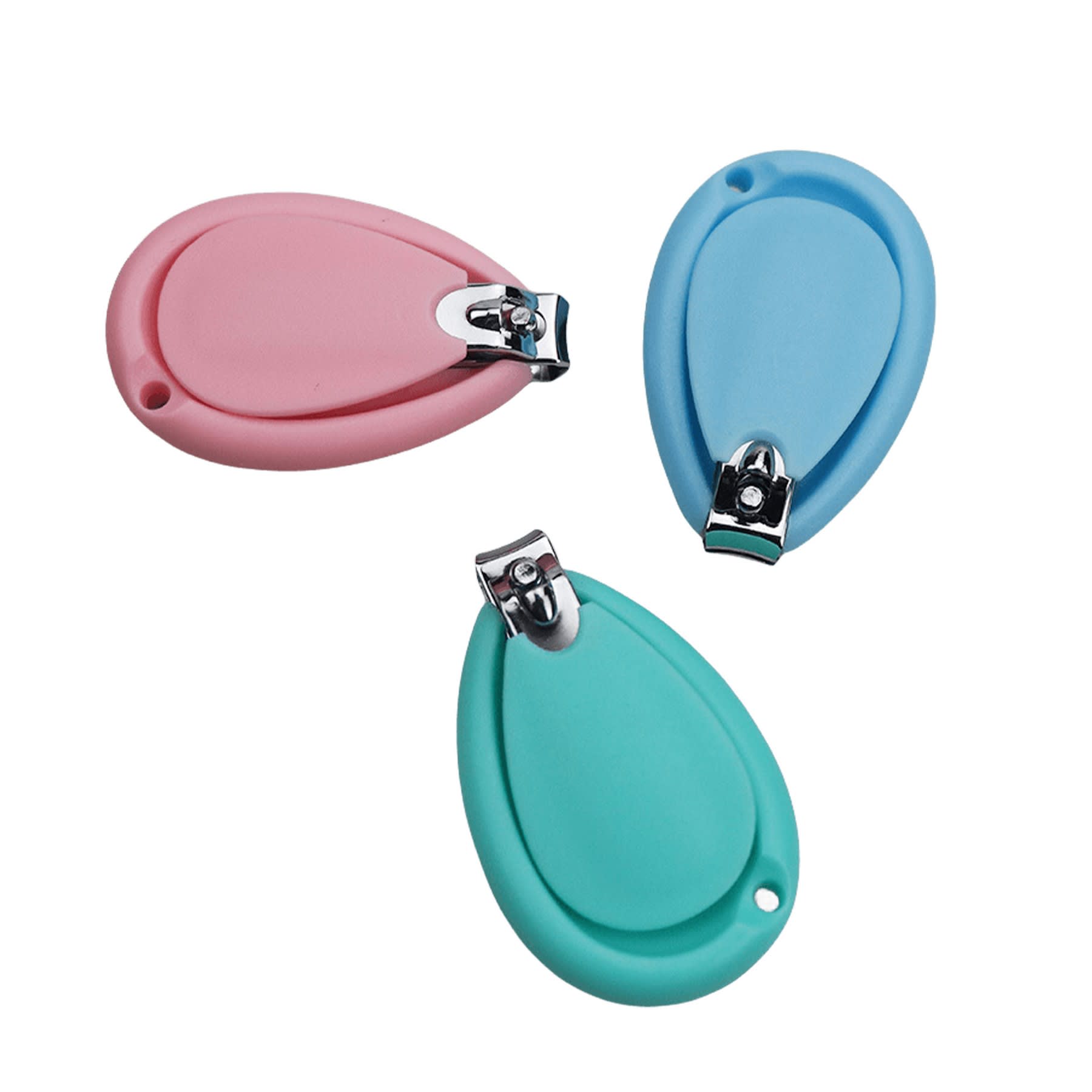 A set of baby nail clippers in pink, blue, and green, featuring a smooth, rounded design and metallic trimming edges. Baby Nail Clippers - Image 1