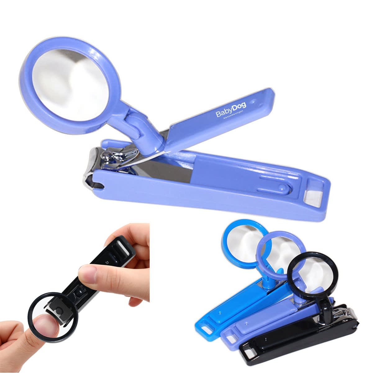 A nail clipper with a magnifying glass, available in purple and black, features a sleek design and has a logo. Nail Clipper with Magnifying Glass - Image 1