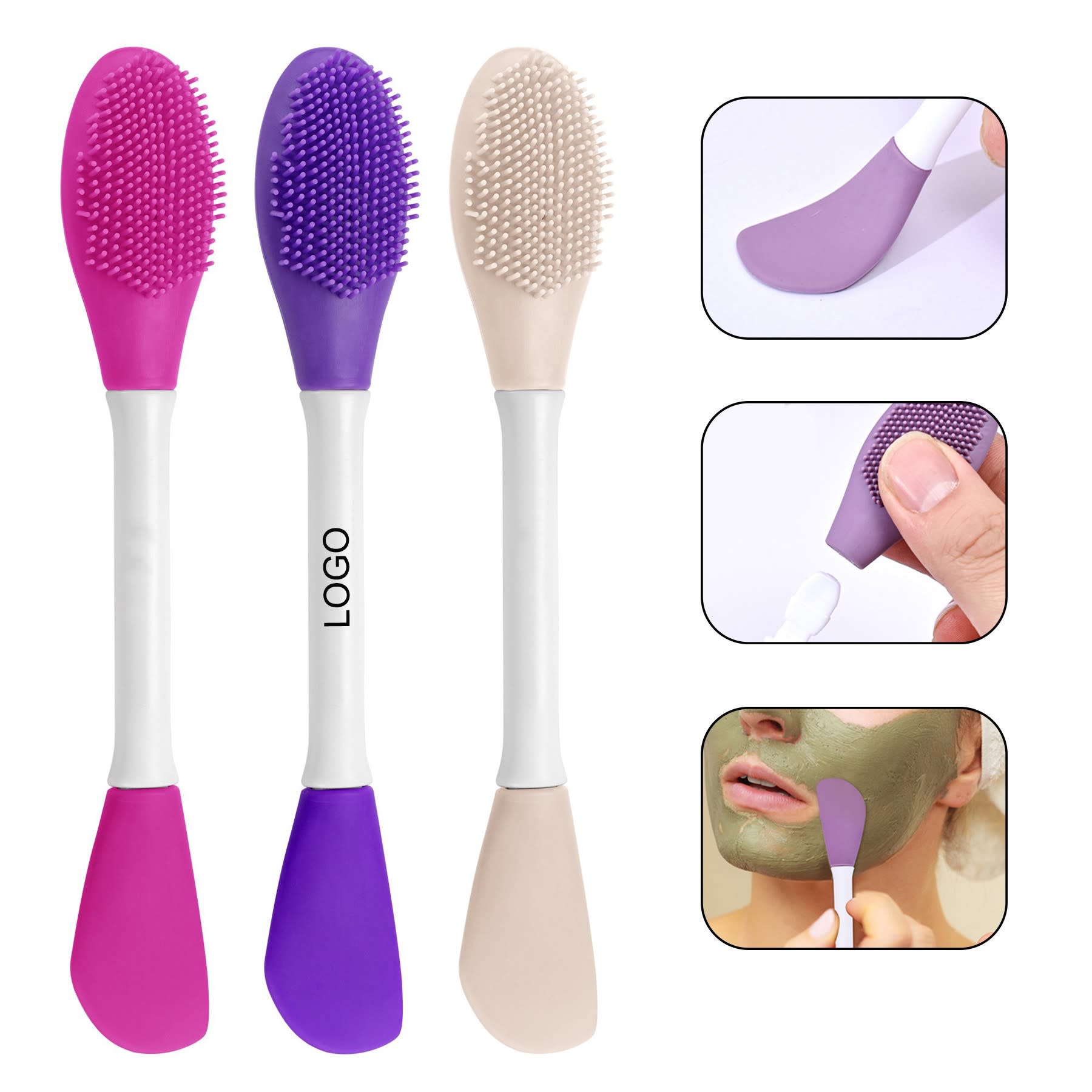 Triple set of double-ended silicone face mask brushes in pink, purple, and beige, featuring a logo on the handle. Double-Ended Silicone Face Mask Brush - Image 1