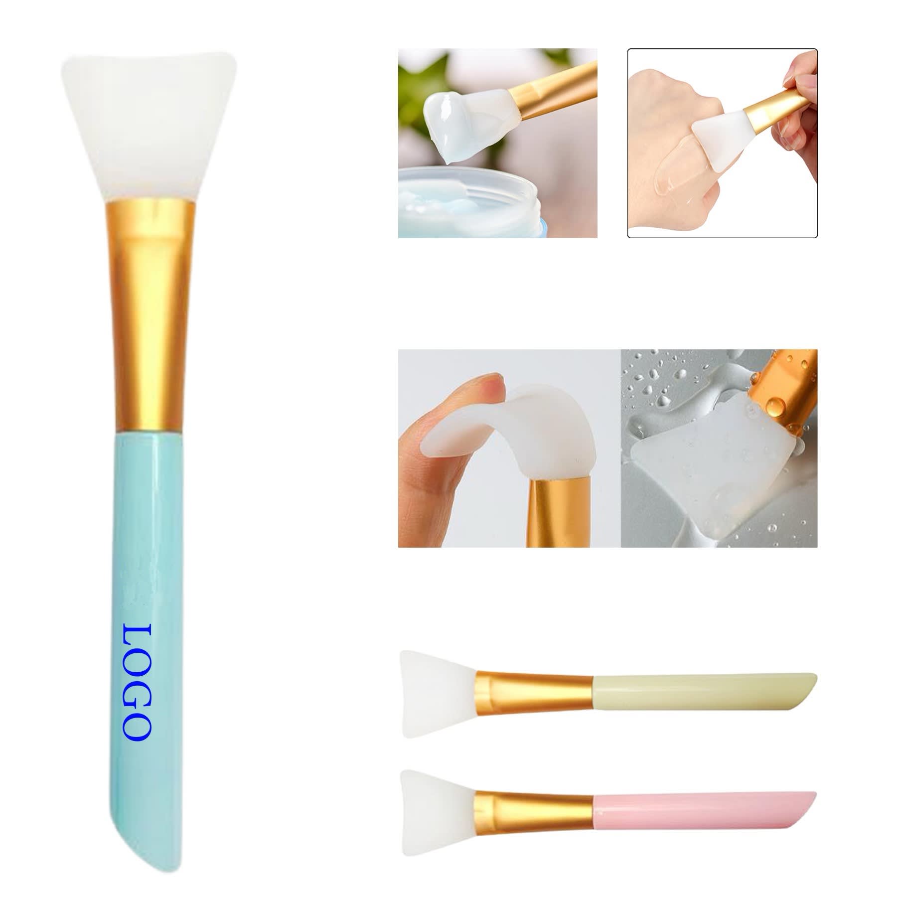 A silicone face mask brush with a light blue handle and a gold accent, featuring a flexible white brush head. Silicone Face Mask Brush - Image 1
