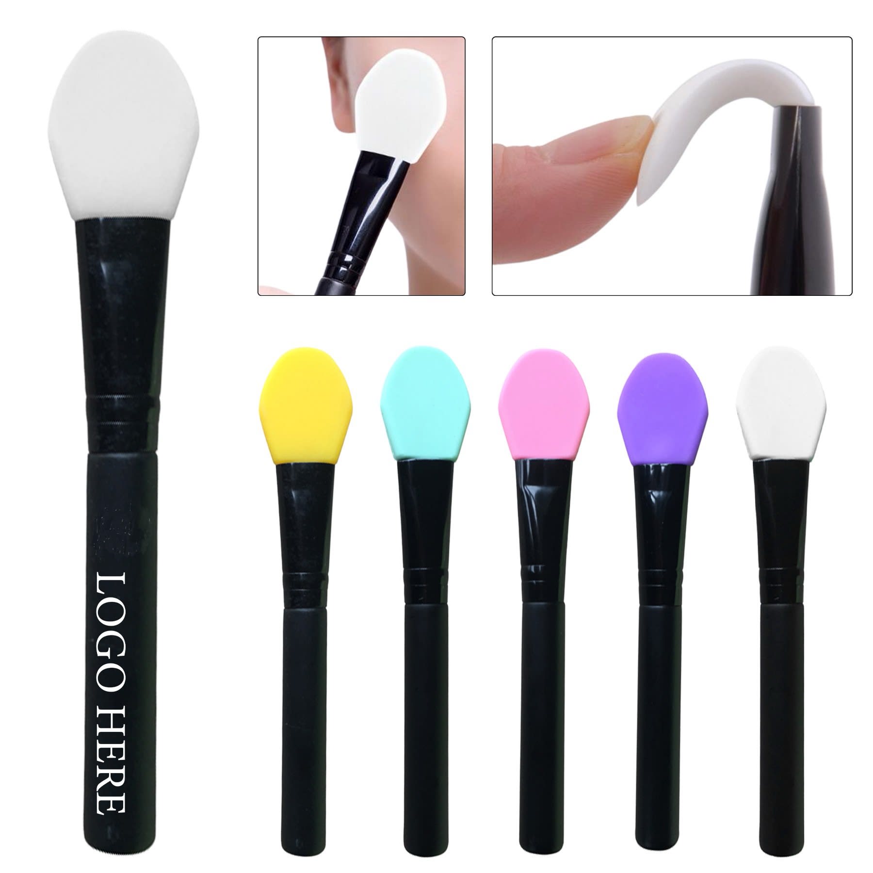 Silicone mask brushes in various colours including yellow, turquoise, pink, and purple, with a black handle and a logo. Silicone Mask Brush - Image 1