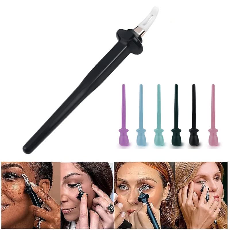 A silicone eyeliner brush in black, with five additional pastel-coloured brushes displayed beside it, showcasing various users applying eyeliner. Silicone Eyeliner Brush - Image 1