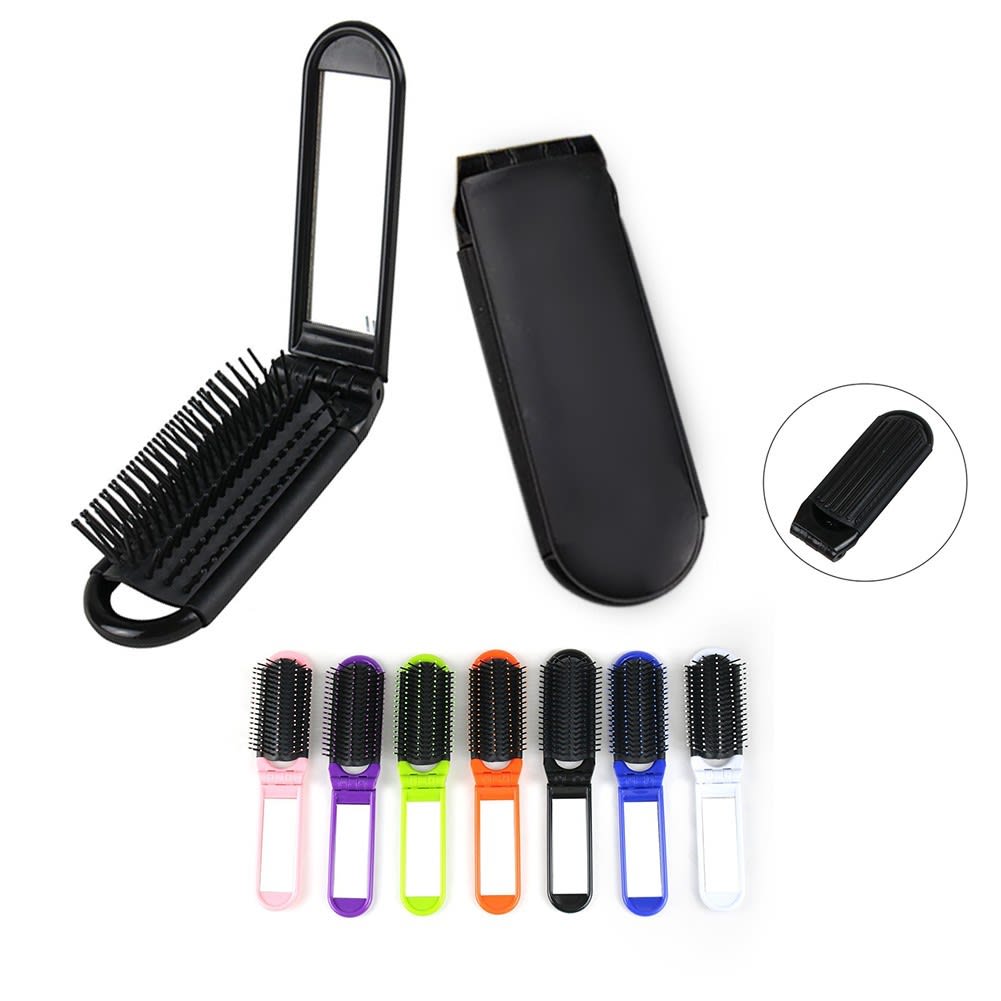A pocket hair brush with a mirror, available in various colours including black, pink, blue, green, and orange. Pocket Hair Brush With Mirror - Image 1