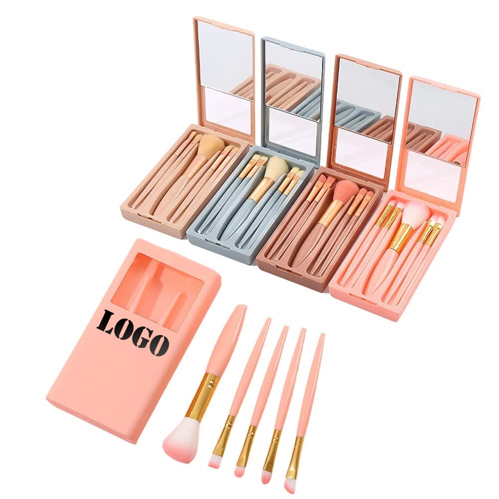 A set of pastel pink, grey, and brown makeup brushes with mirrors in a compact case featuring a logo. Makeup Brushes with Mirror - Image 1
