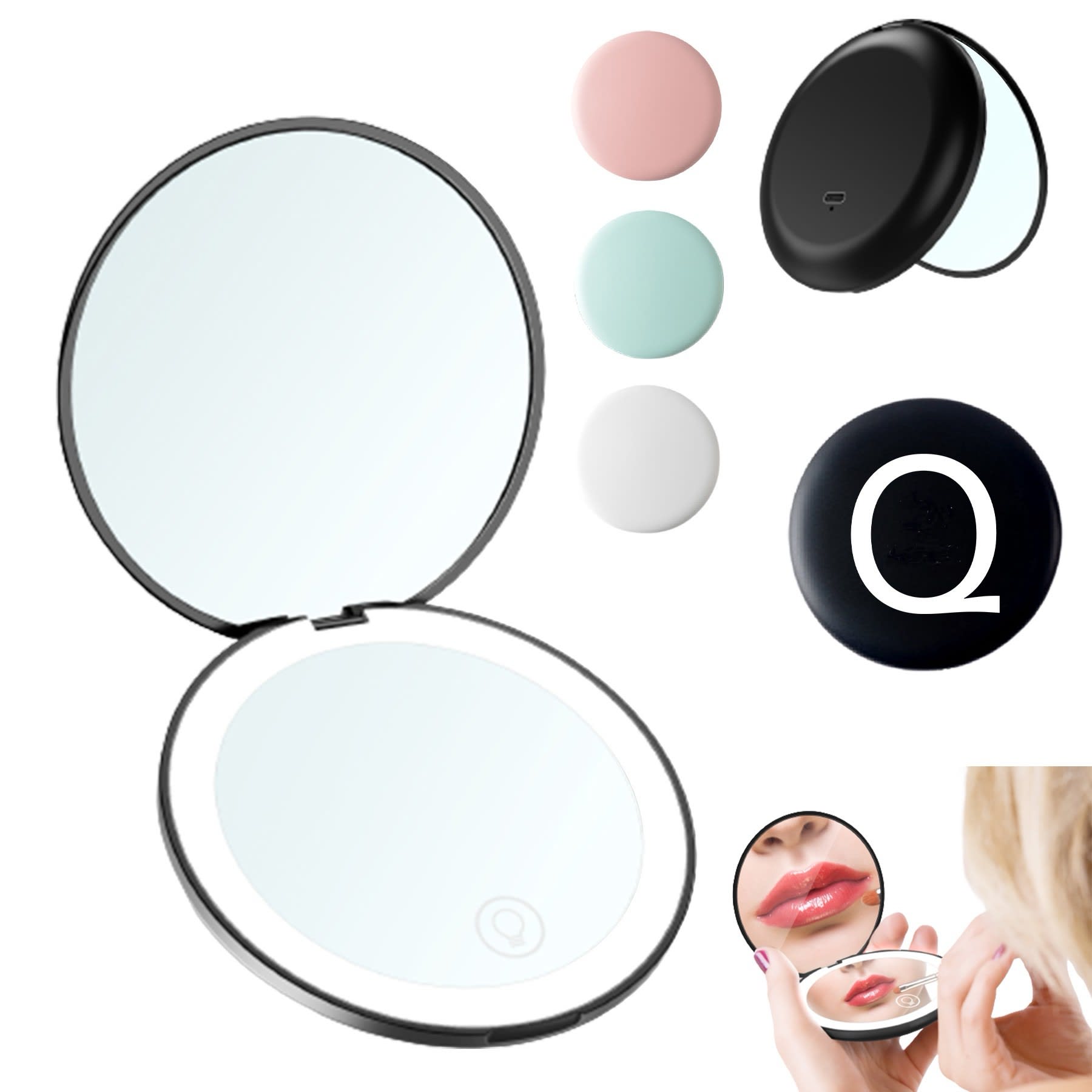 A compact LED mirror featuring a sleek black exterior, alongside coloured discs in pink, mint, and white. LED Compact Mirror - Image 1