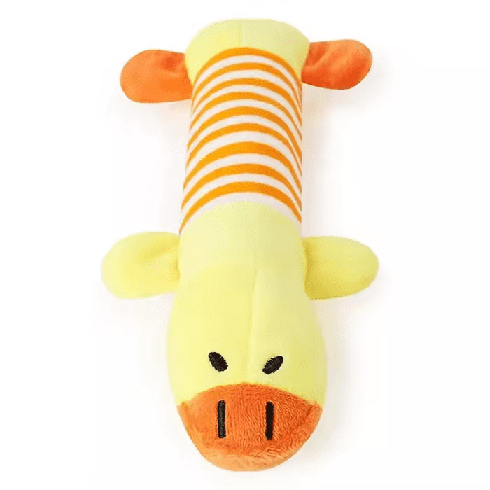 A yellow and orange striped duck dog toy with a soft texture and small flippers. It features a simple facial design. Duck Dog Toy - Image 1