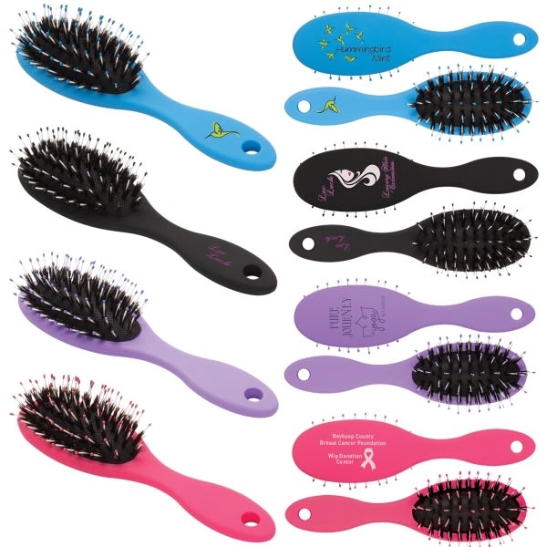 A variety of hair brushes with handles in purple, black, and a mix of other colours, featuring different designs and branding. Hair Brush with Handle - Image 1