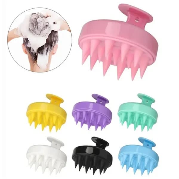 A set of hair scalp massagers in various colours, including pink, yellow, green, purple, black, and white. Hair Scalp Massager / Shampoo Brush - Image 1