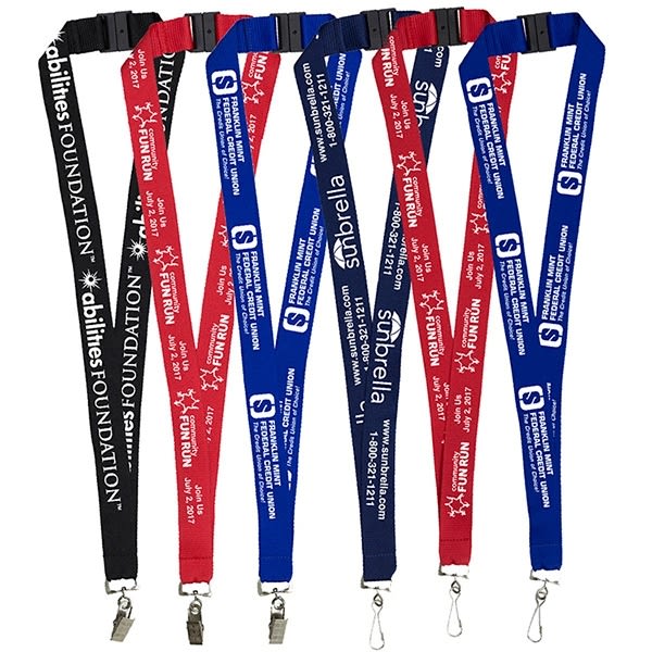 A selection of lanyards in black, red, blue, and combined designs, featuring various branding elements. Personality Lanyard - Image 1