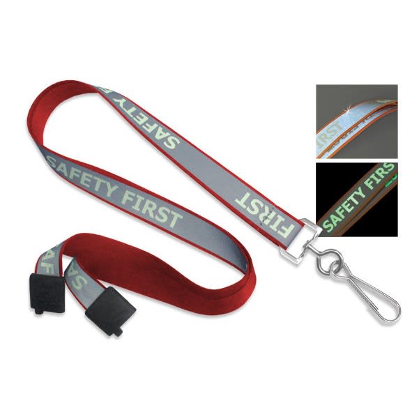 A red reflective lanyard with grey accents, featuring a metal clip and a logo. Reflective Lanyard - Image 1