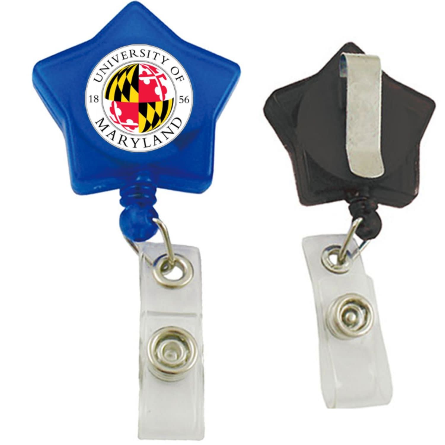 A star-shaped retractable badge reel in blue and black, featuring a logo on the front. Star Shaped Retractable Badge Reel - Image 1