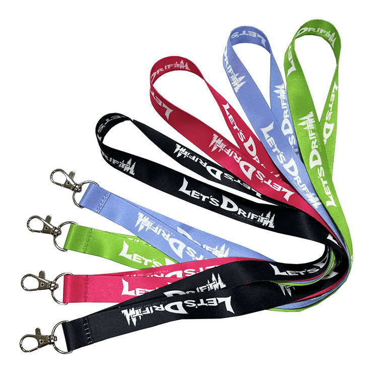 A collection of lanyards in various colours: black, pink, green, blue, and purple, each featuring a logo. Lanyard - Image 1