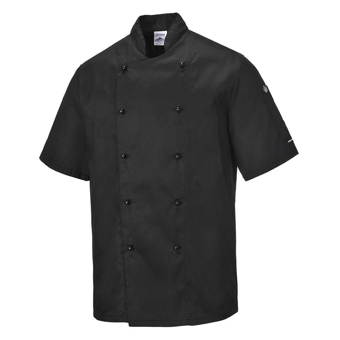A black chef's jacket featuring short sleeves and double-breasted buttons, with a logo on the sleeve. Chef's Kent Jacket S/S - Image 1