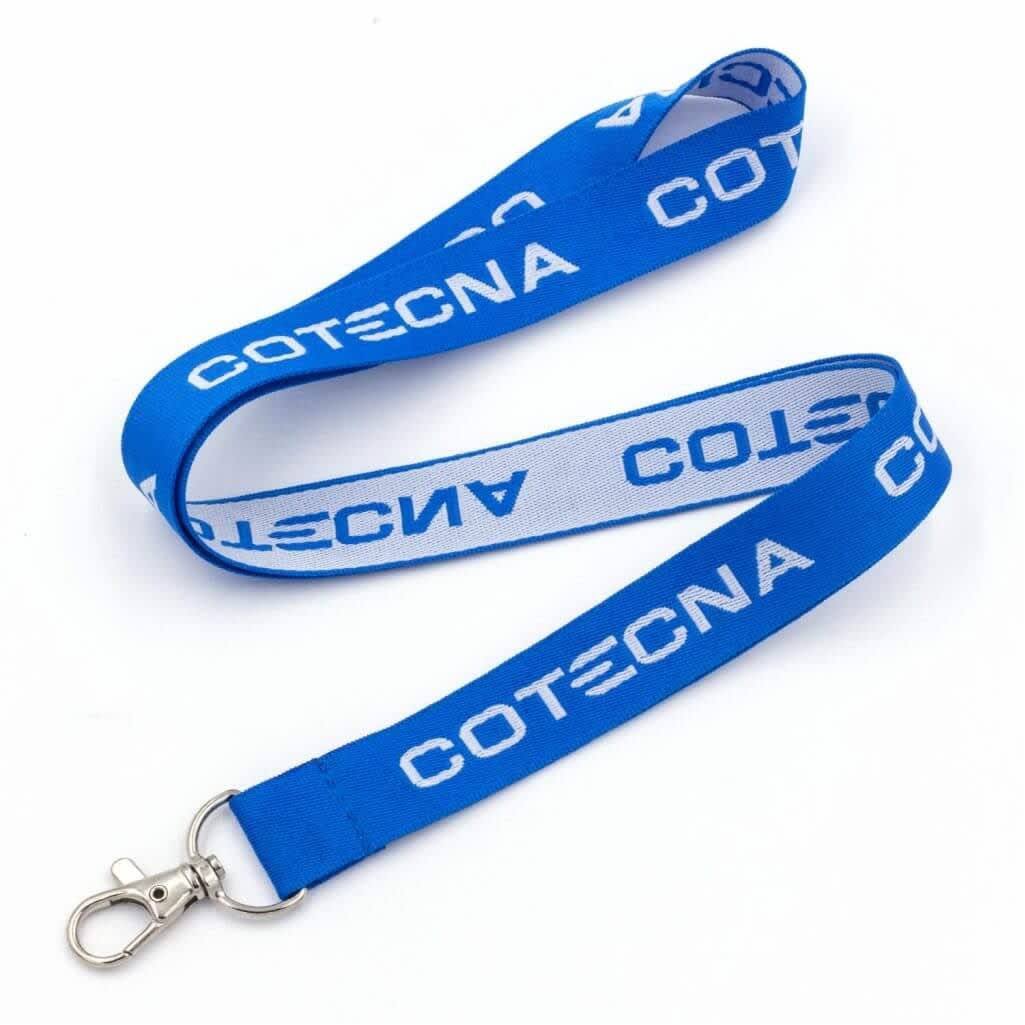 A blue woven lanyard features a clip for attachment and includes branding along its length. Woven Lanyard - Image 1