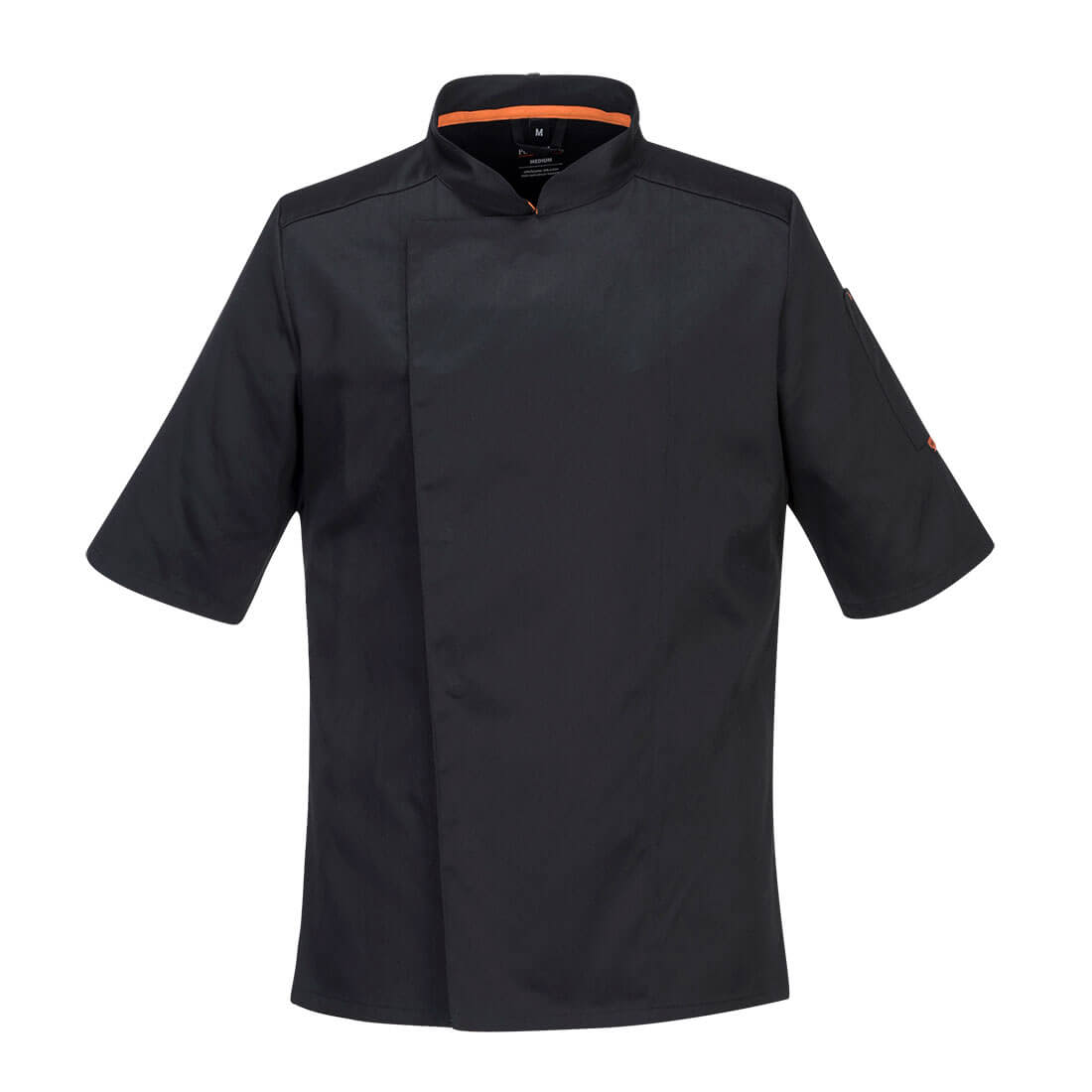 A black chef's jacket with short sleeves and an orange accent, featuring a modern design and a logo on the sleeve. Chef's MeshAir Pro Stretch Jacket S/S - Image 1