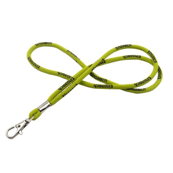A round woven lanyard in bright green with a clip attachment and a logo. Round Woven Lanyard - Image 1