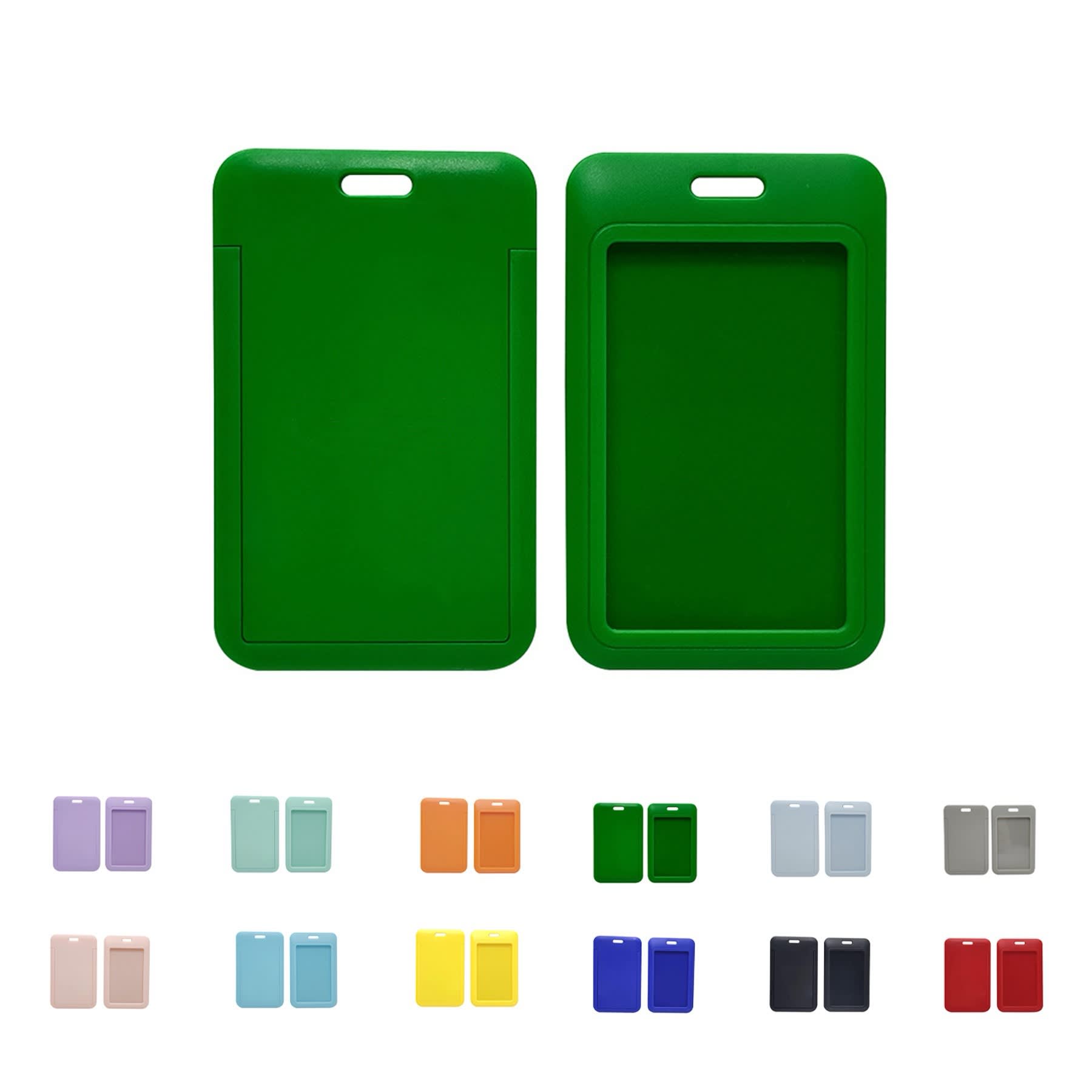 A green Slide ID Card Holder displayed from the front and back, with various other colour options below. Slide ID Card Holder - Image 1