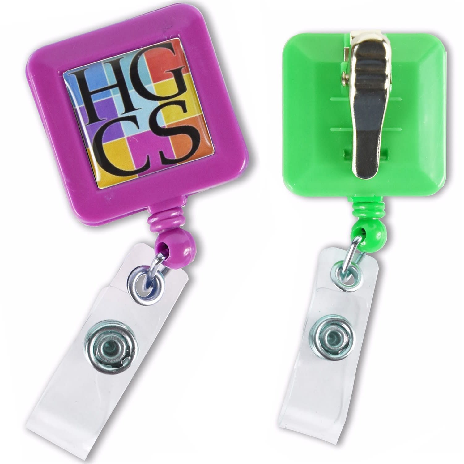 A square retractable badge reel in purple and green, featuring a colourful logo and a clip on the back. Square Retractable Badge Reel - Image 1