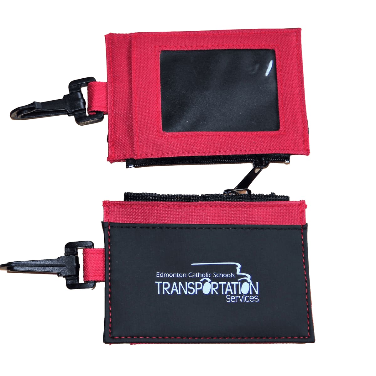 A red and black card case with a zipper pocket and a transparent window, featuring a logo. Card Case with Zipper Pocket - Image 1