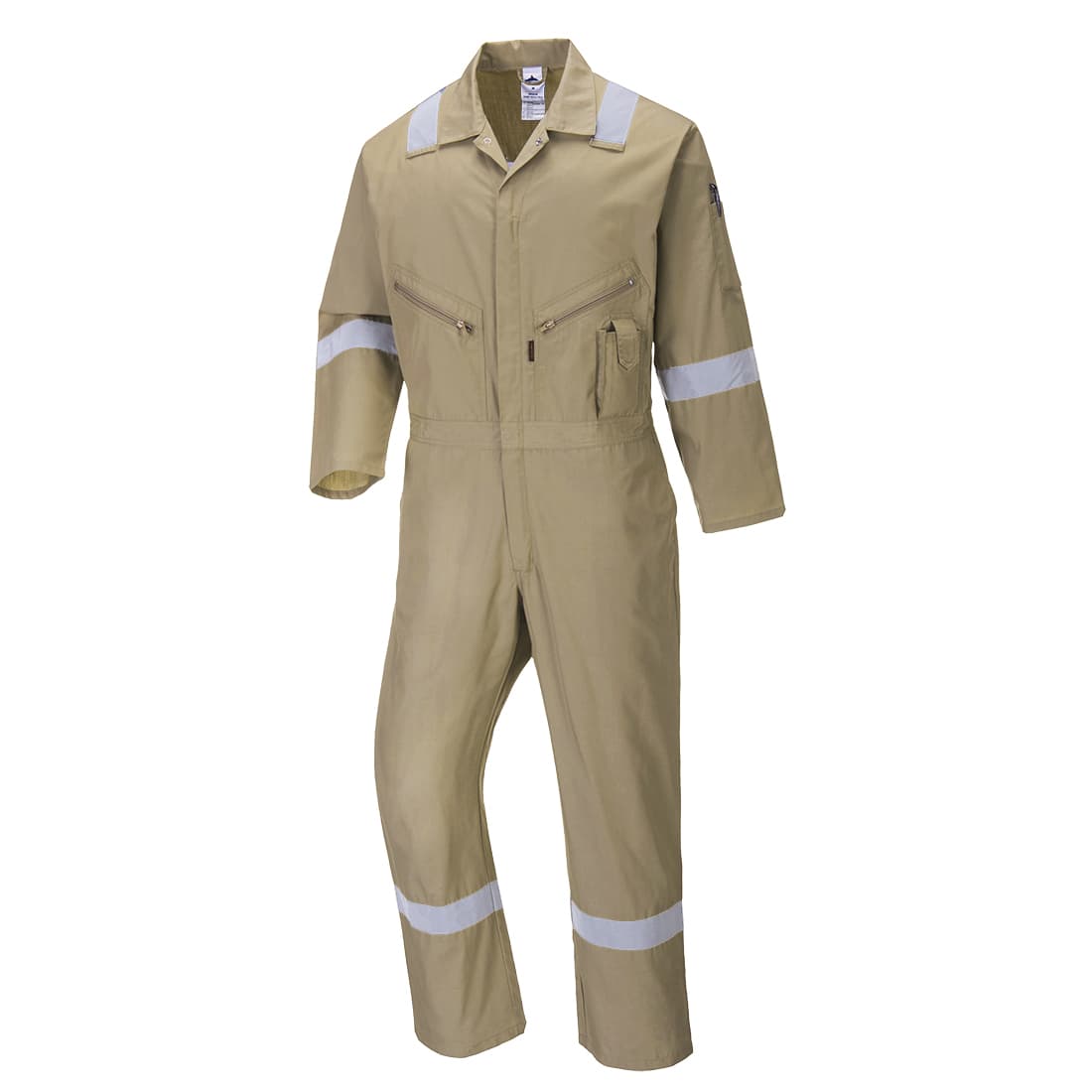 A tan coverall with reflective stripes and multiple pockets, featuring a logo on the chest area. Iona Enhanced Cotton Coverall - Image 1