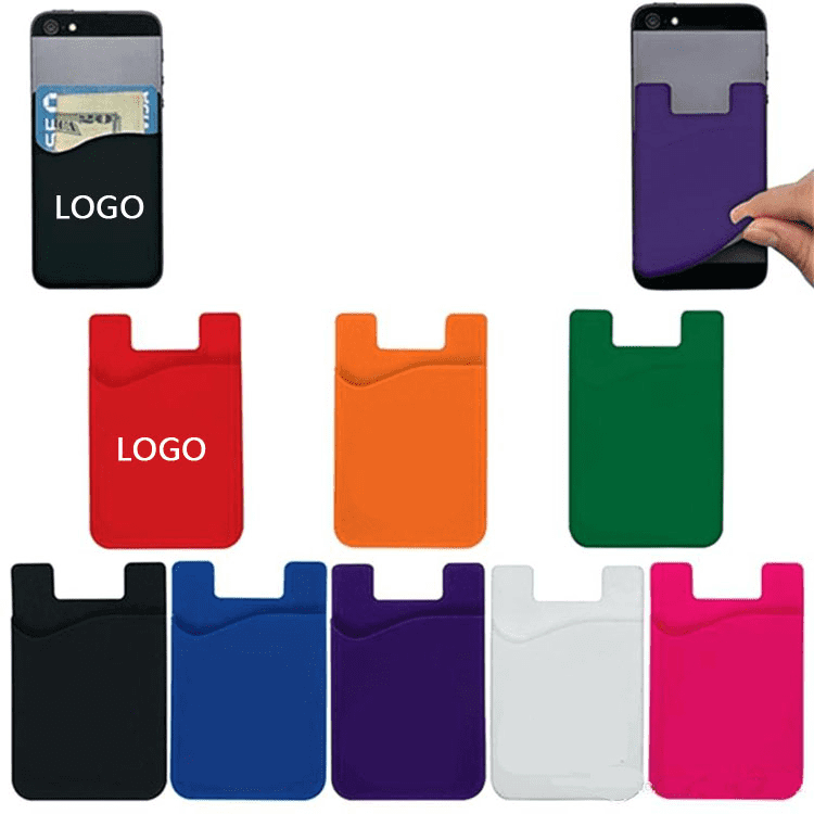 A variety of silicone cell phone wallets in black, red, orange, green, blue, purple, white, and pink, featuring logos. Silicone Cell Phone Wallet - Image 1