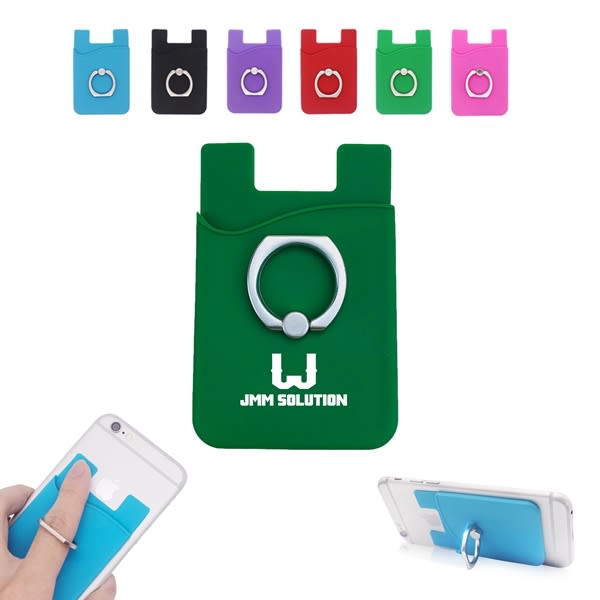 A green phone wallet with a ring grip, surrounded by purple, blue, pink, black, and red versions. The product features a logo. Phone Wallet with Ring Grip - Image 1