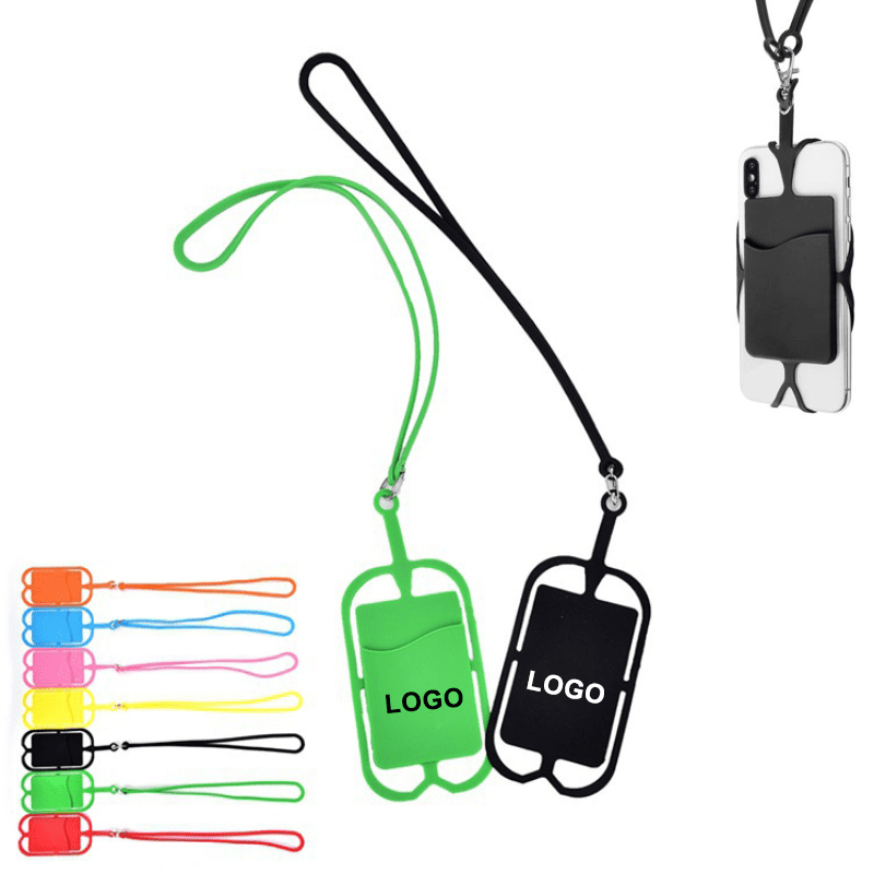 A phone wallet in green and black, featuring a lanyard and a logo, with various colourful options displayed. Phone Wallet with Lanyard - Image 1