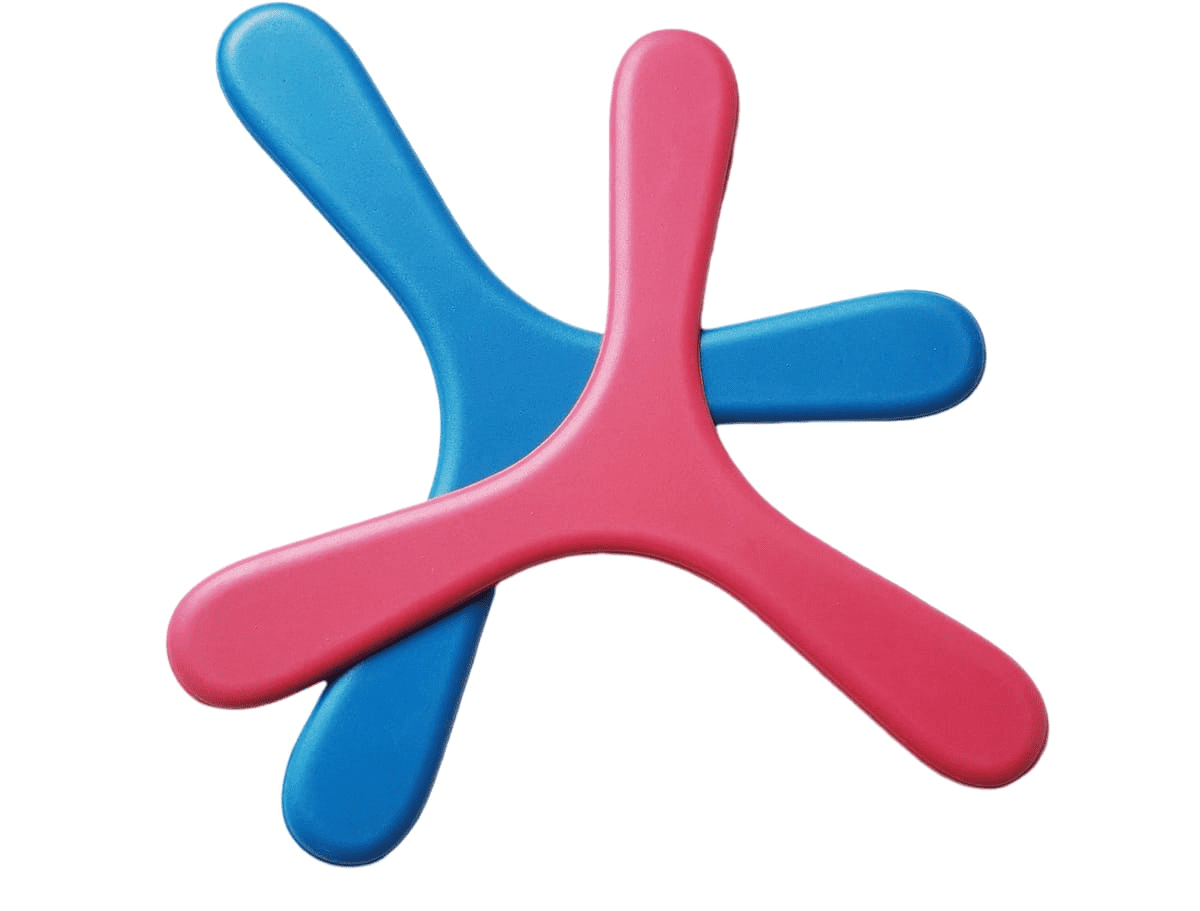 A blue and pink boomerang toy overlapping in a playful design, featuring a logo. Boomerang Toy - Image 1