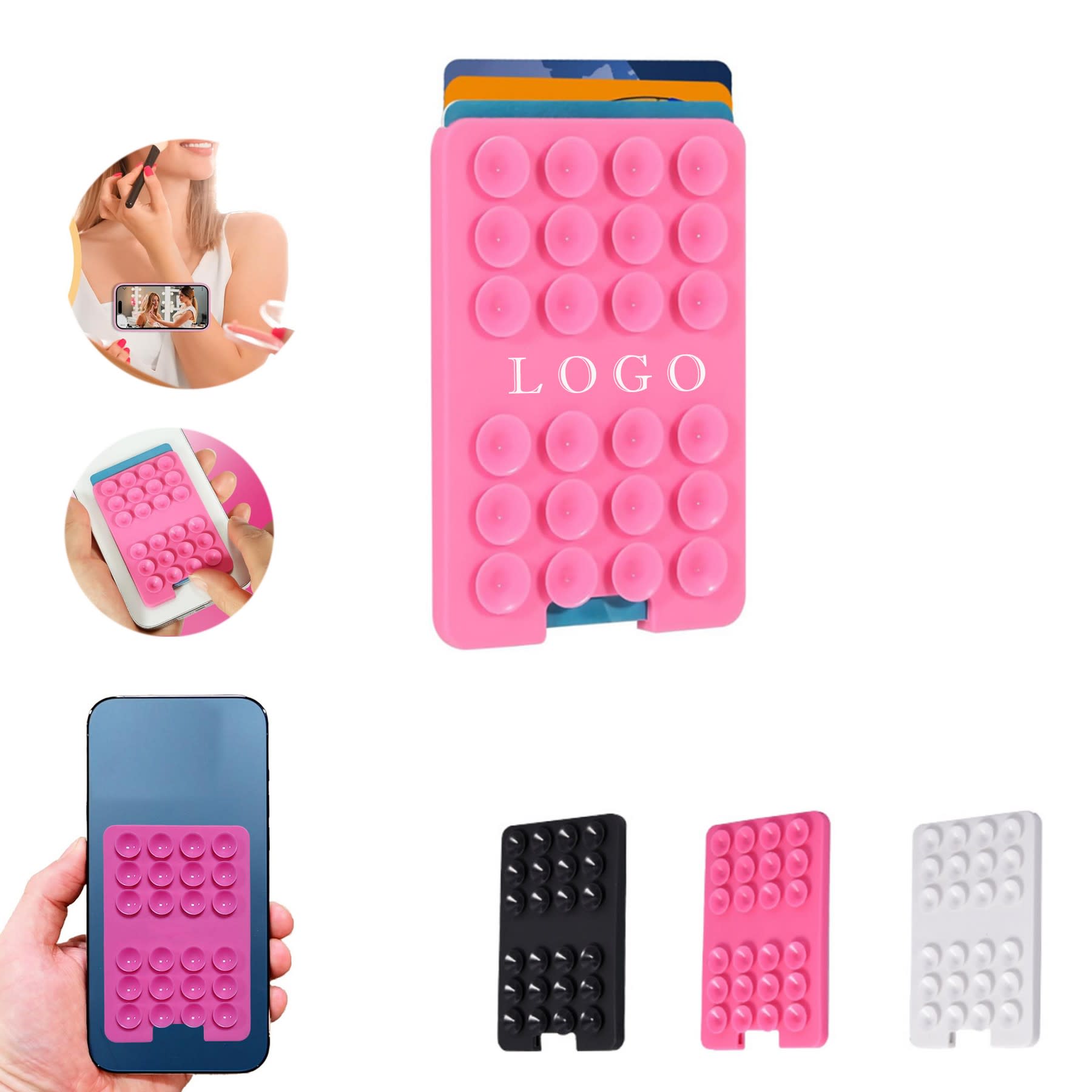 A pink suction phone card holder with multiple suction pads, available in black and white as well. Features a logo. Suction Phone Card Holder - Image 1